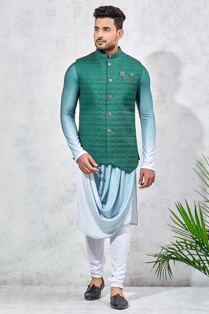 Sky Blue Kurta and White Churidar Pajama with Green Waistcoat Set For Party