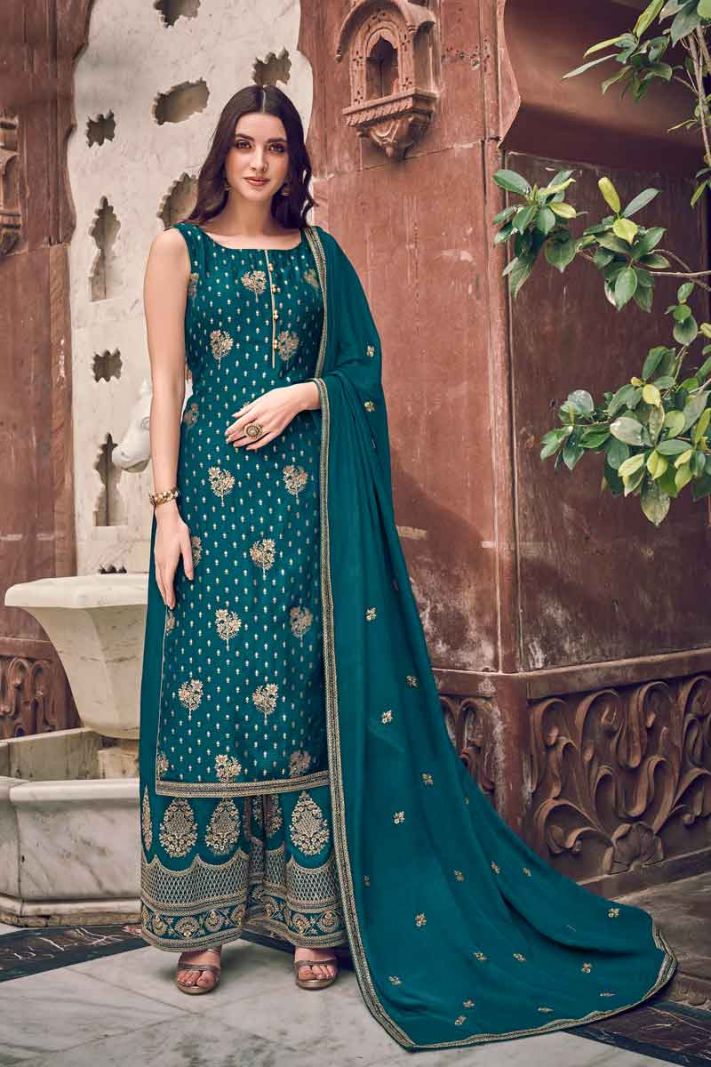 Teal Blue Jacquard Silk Semi Stitched Suit With Jari And Thread Embroidery