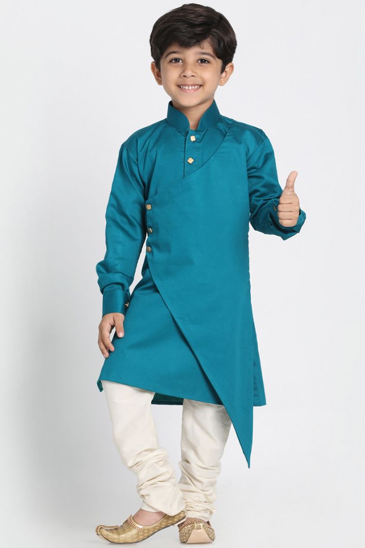 Teal Green Cotton Silk Blend Kurta and Cream Pajama For Diwali