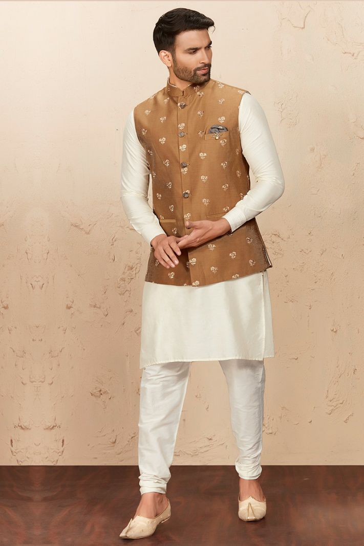 White Art Silk Kurta Pajama with Brown Waistcoat Set For Diwali