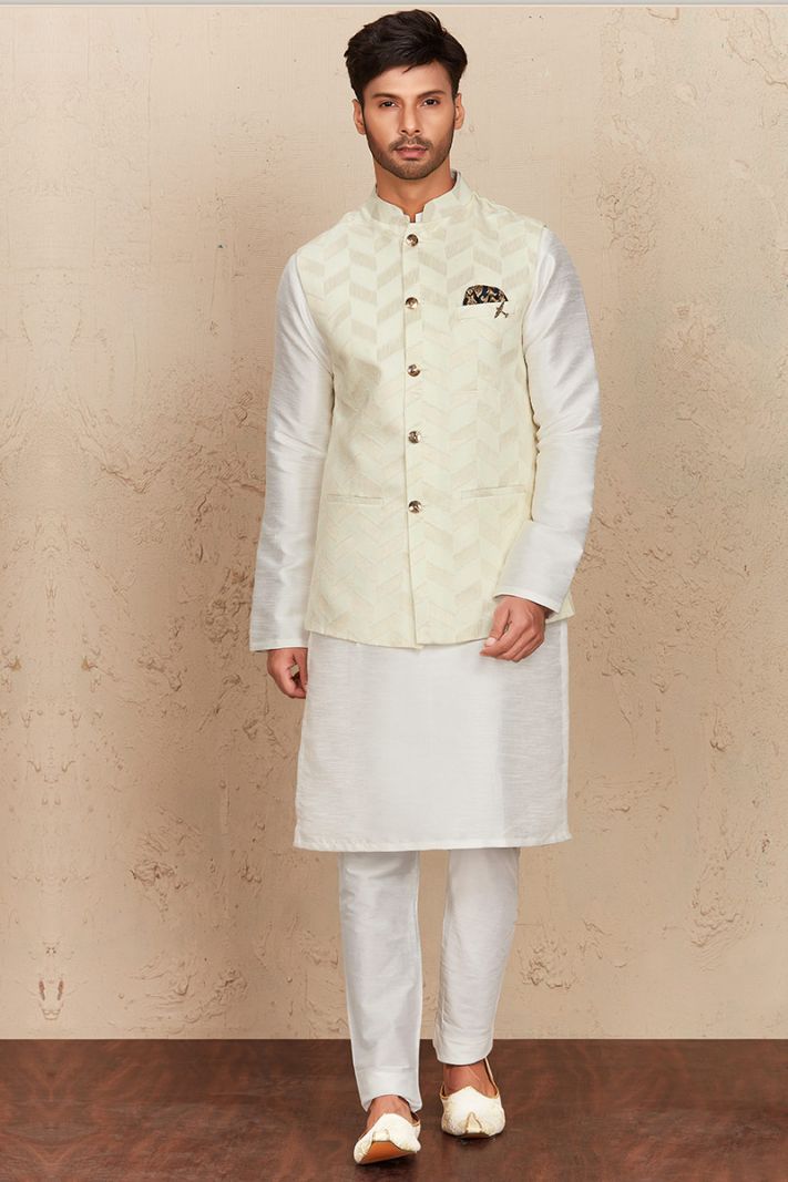 White Art Silk Kurta Pajama with Cream Waistcoat Set For Diwali 