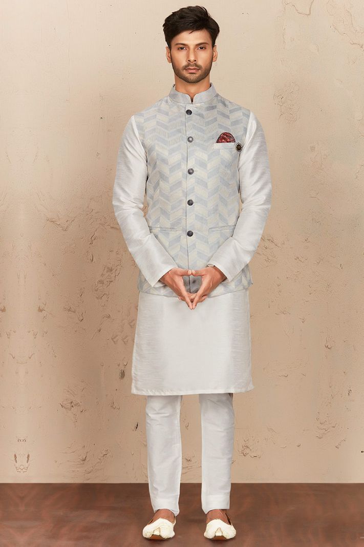 White Art Silk Kurta Pajama with Light Grey Waistcoat Set For Diwali 