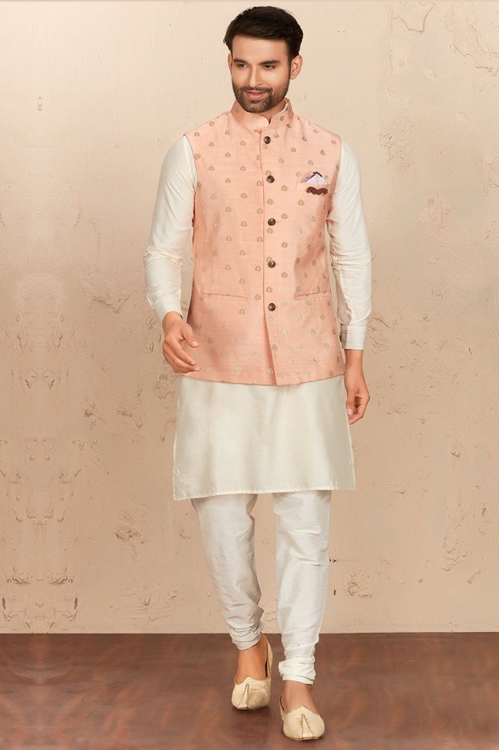 White Art Silk Kurta Pajama with Peach Waistcoat Set For Diwali