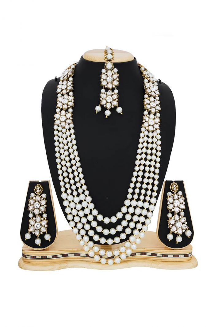 White Color Necklace Set In Mix Metal With Stone Work For Women