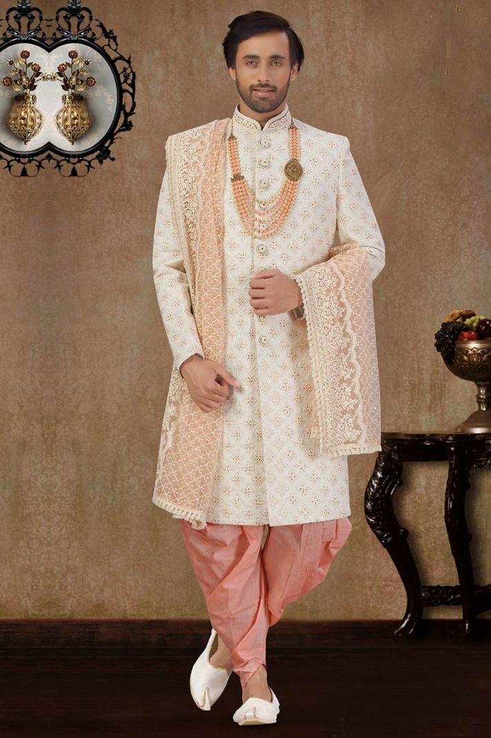 White Designing Art Silk Party Wear Sherwani with Net Dupatta