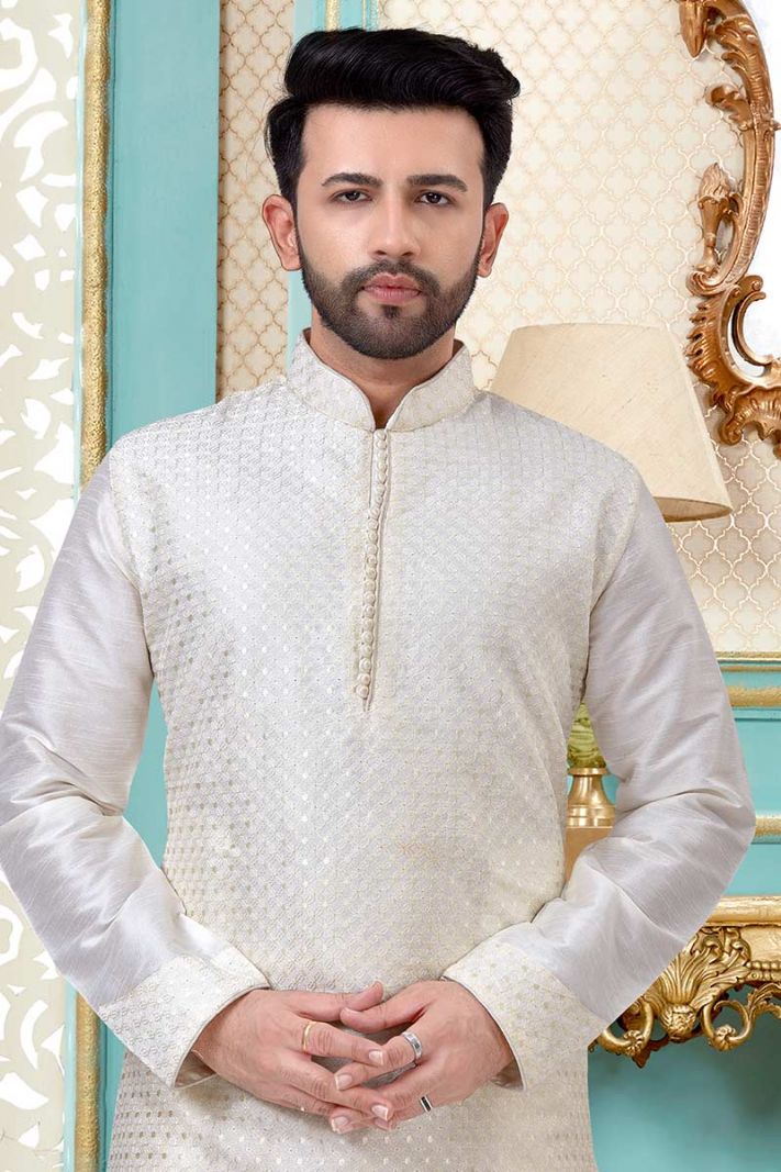 White Dupion Silk Kurta and Cream Color Churidar Pajama For Diwali