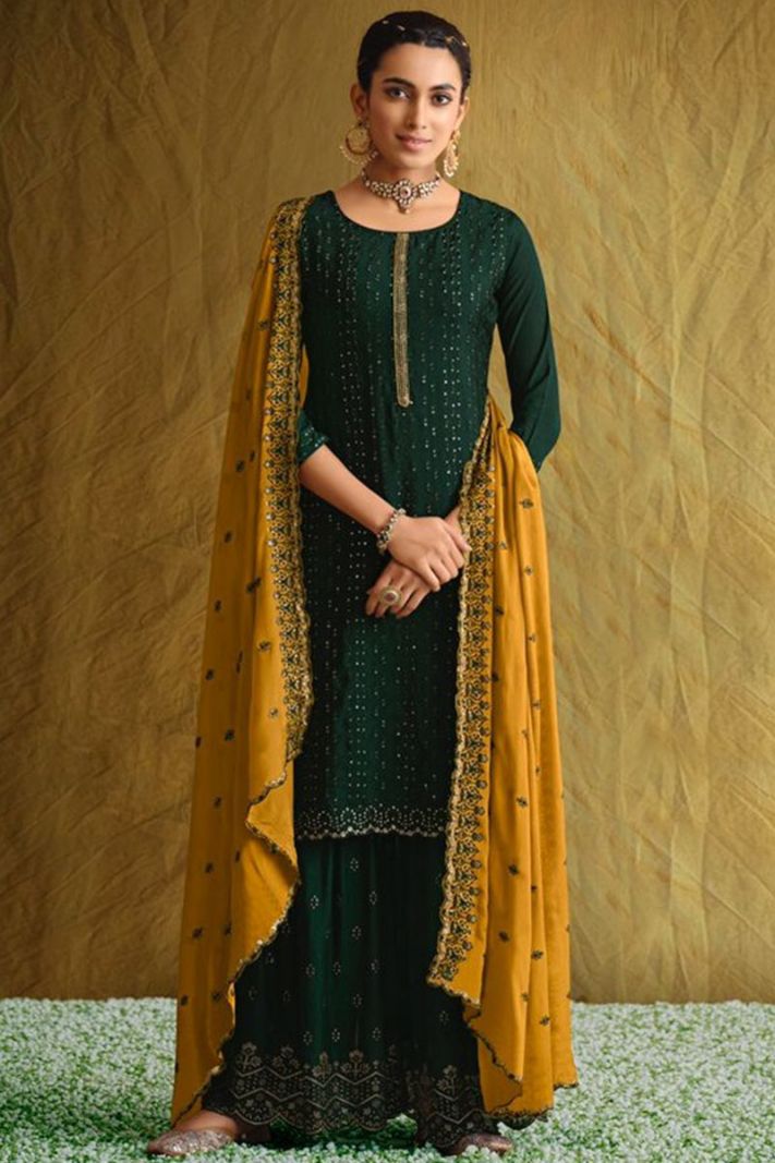 Women Blooming Chinon Fabric Sharara Suit in Green Color