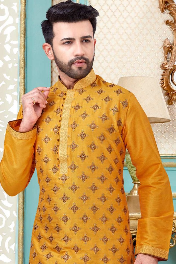 Yellow Dupion Silk Kurta and Antique Color Churidar Pajama For Diwali