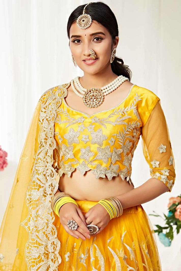 Yellow Heavy Net with Silk Satin Party Wear Lehenga Choli with Dupatta