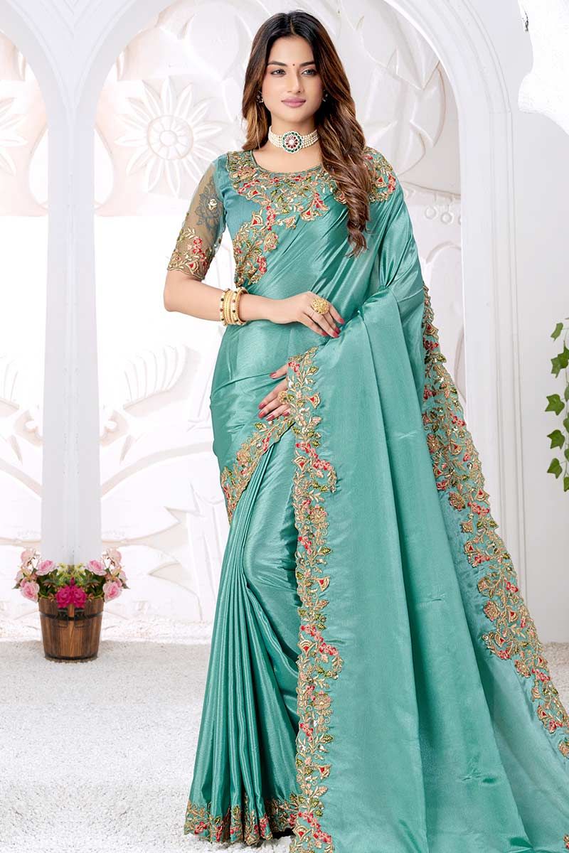 Light green saree & Blouse with golden zari weaving,Soft Banarasi Silk. |  Saree designs party wear, Saree designs, Stylish sarees